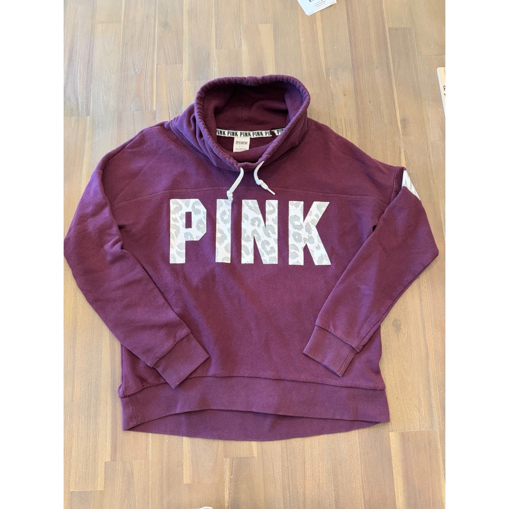 Victoria's Secret PINK‎ Funnel Neck Sweatshirt Maroon Leopard Logo Small